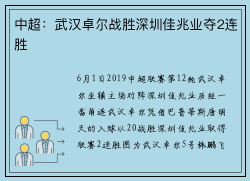 中超：武汉卓尔战胜深圳佳兆业夺2连胜