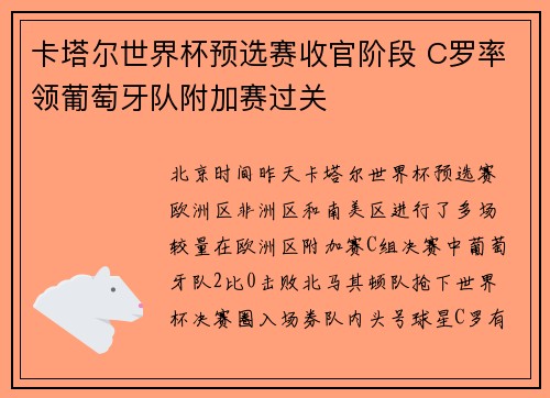 卡塔尔世界杯预选赛收官阶段 C罗率领葡萄牙队附加赛过关